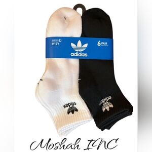 adidas Kids Unisex Trefoil Quarter Socks 6 Pairs | Black / White | L 5Y-7Y